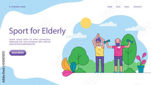 Eldery sport people, active senior vector illustration site. Activity lifestyle, enhances health and wellness. Elderly woman man couple doing exercises in fresh air, retirement training.