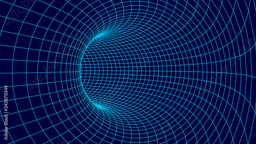 Tunnel or wormhole. Wireframe 3D surface tunnel grid.