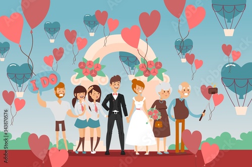 Selfie at celebration people wedding, marriage arch vector illustration. Bride and groom take common photo with friends and relatives. Around balloons in heart shape. Old man with selfie stick.