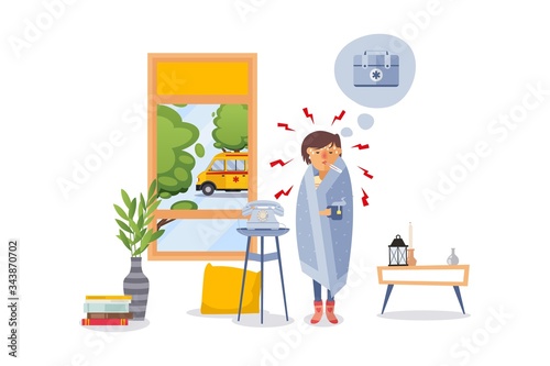 Sick people girl wrapped in warm blanket, vector illustration. Patient haracter standing near phone, called ambulance and waiting for doctor. Character with thermometer in mouth and tea cup.
