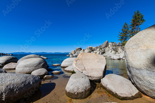 Granite Boulders and Rocky Cove at Sand Harbor  Lake Tahoe  Nevada  USA