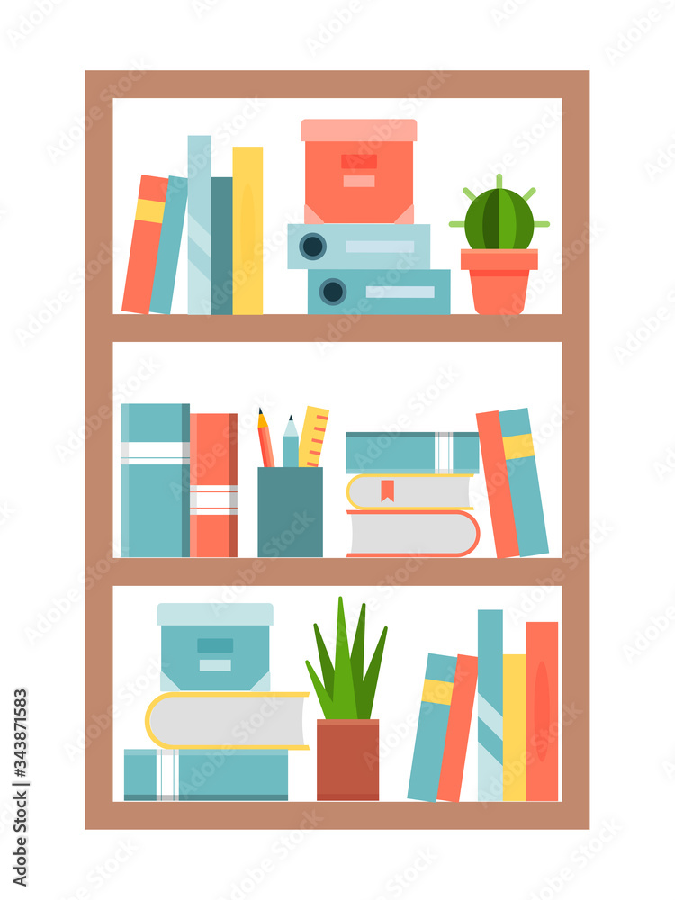 custom made wallpaper toronto digitalBooks and shelves in flat style, vector illustration. Bookshelves with a collection of informatively educational, school paper textbooks. Library nowledge, literature in covers Isolated on white