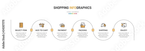 Concept of shopping process with 6 successive steps. Six colorful graphic elements. Timeline design for brochure, presentation, web site. Infographic design layout.