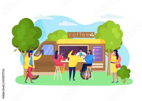 Street coffee truck at park  vector illustration. Beverage portable cafe  takeaway hot drinks cup  catering business. Man and woman leisure at bar stool near car  order favorite coffe at price list.