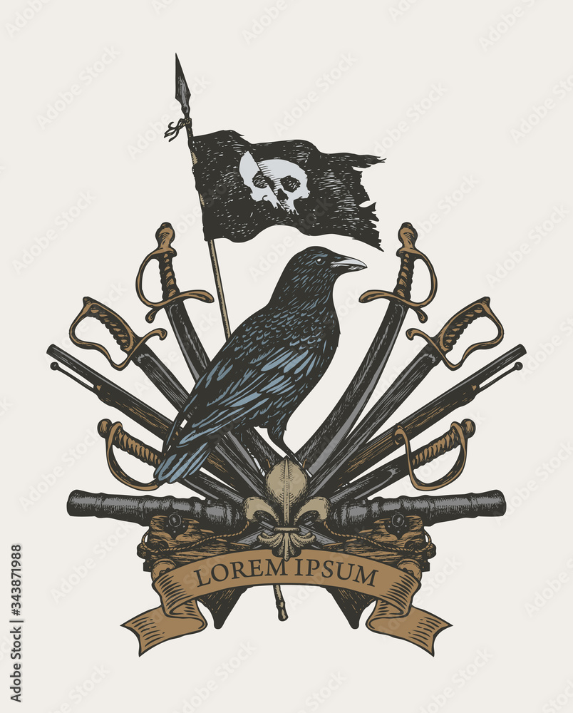 Vector heraldic Coat of arms in vintage style with black raven, pirate