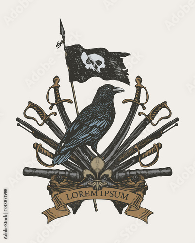 Vector heraldic Coat of arms in vintage style with black raven, pirate flag, sabers, swords, cannons and ribbon. Old hand-drawn image, heraldry, emblem, sign, symbol. Inscription Lorem ipsum.