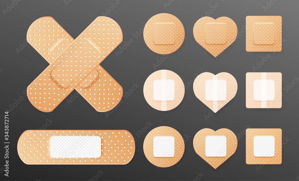 Realistic cross of medical plaster. Set of two sided adhesive plasters.  Oblong, square, heart, round skin patch. Sticky bandage. Protective cover.  Vector illustration Stock Vector | Adobe Stock