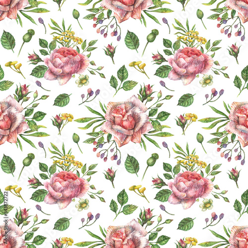 Fototapeta Naklejka Na Ścianę i Meble -  Watercolor seamless botanical pattern of bright pink wildflowers of peony, roses and other plants and leaves.
