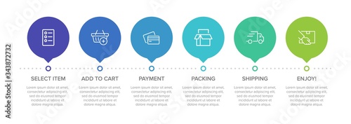 Concept of shopping process with 6 successive steps. Six colorful graphic elements. Timeline design for brochure, presentation, web site. Infographic design layout.