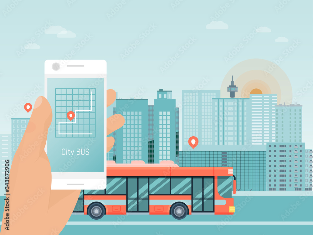 Hand hold smart phone app, city bus travel tour, autobus mobile application flat vector illustration. Street coach urban guided tour trip, design concept travel excursion route urban landscape.