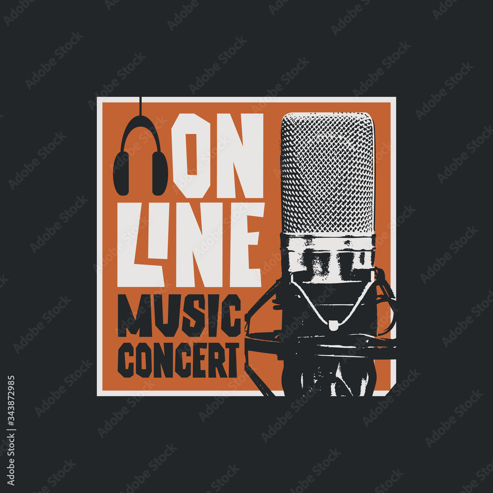 Plakat Transparent wektor na koncert muzyki online z mikrofonem Studio i słuchawkami. Nadaje się do reklamy, plakatu, ulotki, zaproszenia, okładki, strony internetowej