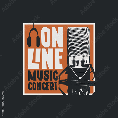 Vector banner for an online music concert with a Studio microphone and headphones. Suitable for advertising, poster, flyer, invitation, cover, web page
