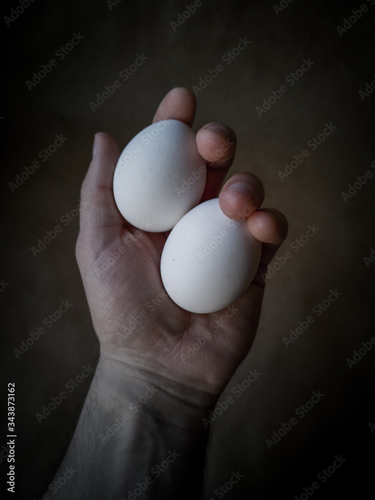 Close-up view of raw chicken eggs . Eggs on a dark background Close-up view of raw chicken eggs . Eggs on a dark background