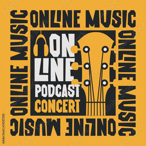Vector banner for an online music concert with a guitar neck and decorative lettering on a yellow background. Suitable for advertising, web banner, poster, flyer, invitation, cover