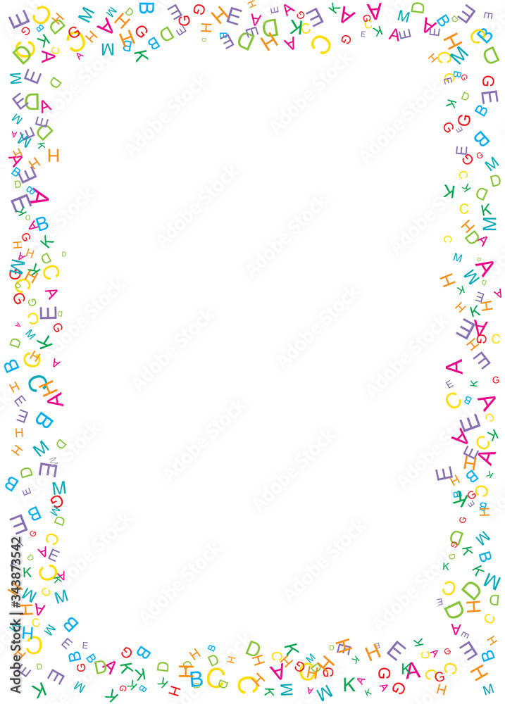 Border with casual letters fly on white background. Abstract backdrop with alphabet. Random colored letters pattern. Frame with mix of chance Latin ABC. Vector illustration with empty place for text.