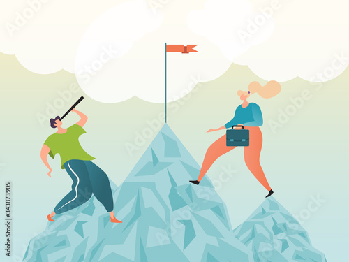 Career concept, growth progress and achievement business success as climbing mountain, vector illustration design, cartoon style. Woman and man strive for goal, check mark on top to become winner