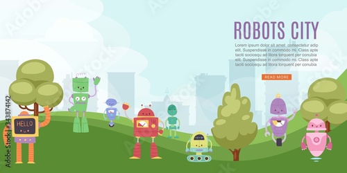 Fototapeta Naklejka Na Ścianę i Meble -  Robots toys city for kids banner with cute robots and transformers vector cartoon illustration. Children play ground with robotics machine cyborg and designing lessons.