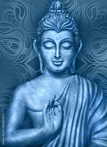 Shining and glowing Buddha in a Lotus Pose - digital art collage combined with on dark background and stylized mandala