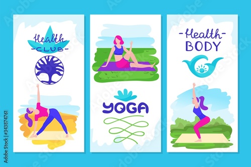 Yoga health body club poster set vector illustration. Relaxation activity outside, balance pose on fitness rug. Healthy lifestyle, woman doing morning exercises at nature for wellness.