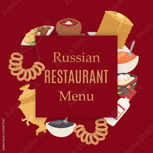 Russian retaurant cuisine poster with caviar, thin pancakes, beet soup bortch, vodka and samovar, meat dumplings menu vector illustration. Food of Russia restaurant menu poster and russian cuisine.