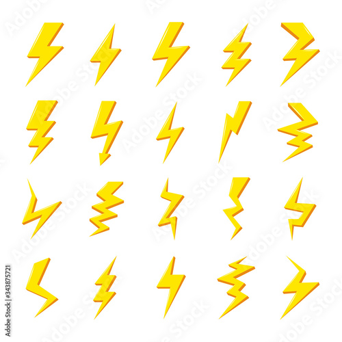Set of yellow lightning bolt vector illustration icons