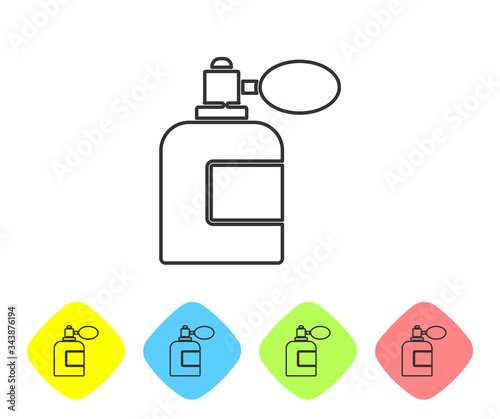 Grey line Aftershave bottle with atomizer icon isolated on white background. Cologne spray icon. Male perfume bottle. Set icons in color rhombus buttons. Vector Illustration