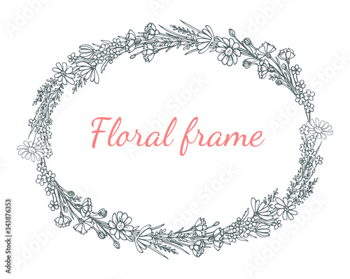 Vector oval floral frame on a white background with the words "floral frame" in the middle