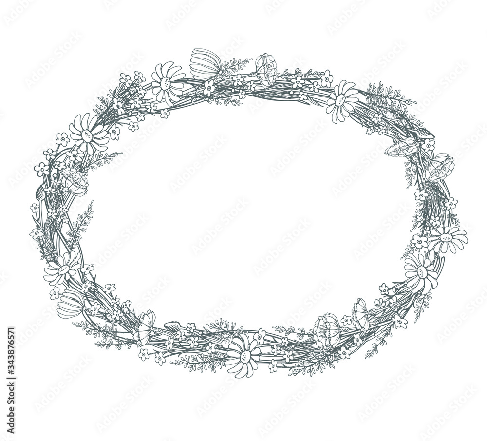 Fototapeta premium Vector oval floral frame on a white background