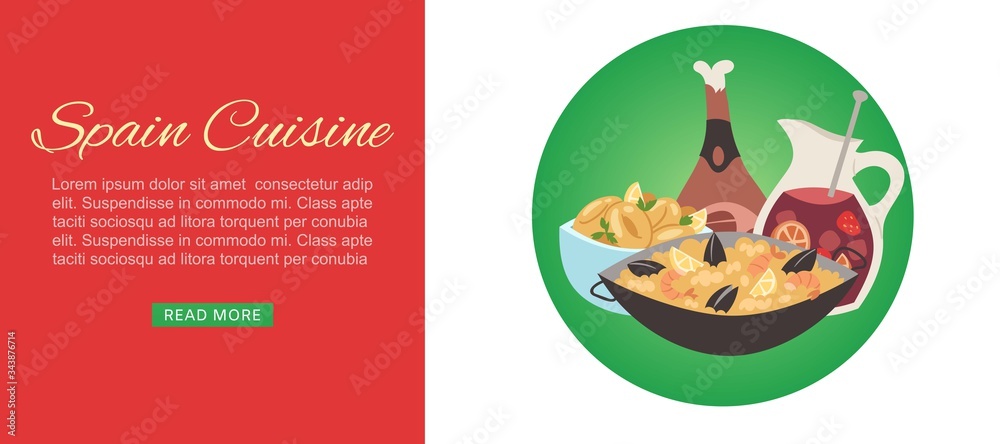 Spanish cuisine traditional dish Paella, beef meat leg and drink vector illustration for restaurant menu. Spanish national food and cuisine restaurant web banner.