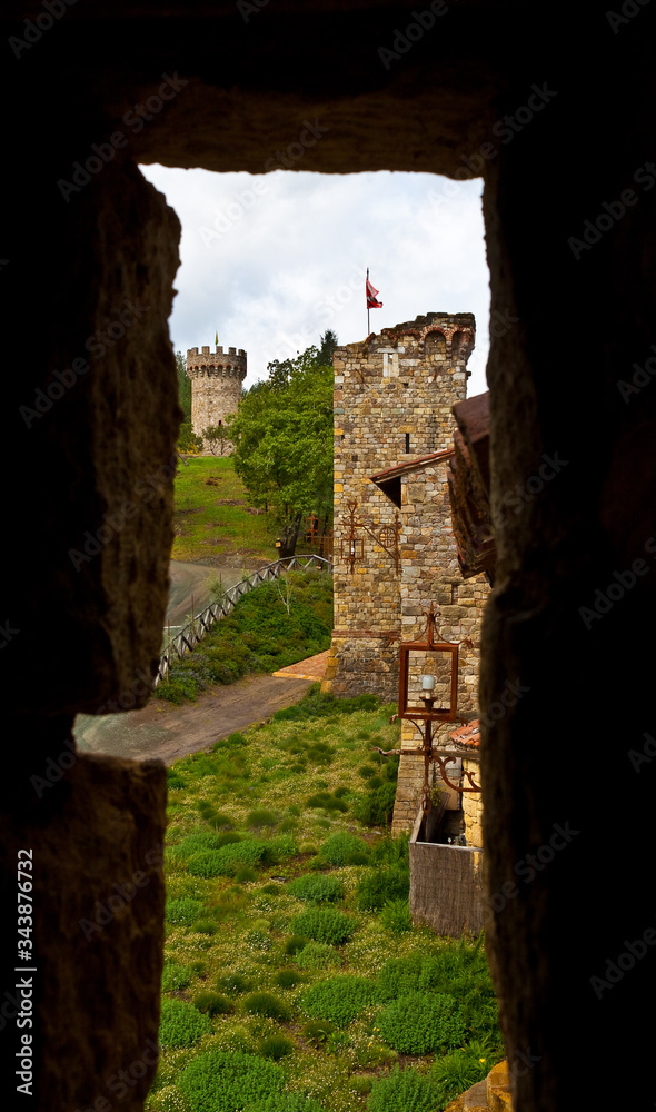 Framed View of  Castle Tower Through Window at an Italian Style Castle in Napa Valley,Calistoga, California, USA