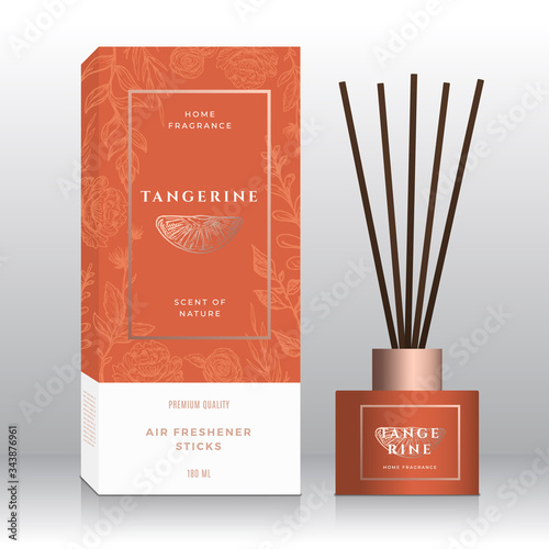 Tangerine Home Fragrance Sticks Abstract Vector Label Box Template. Hand Drawn Sketch Flowers, Leaves Background. Retro Typography. Room Perfume Packaging Design Layout. Realistic Mockup.