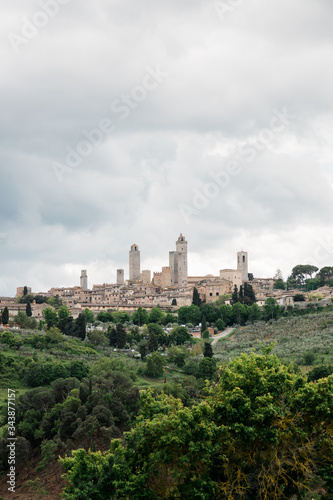 Stormy weather over high towers of San Gimignano  Tuscany  Italy