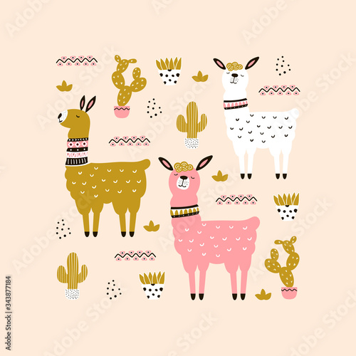 Cute cartoon llamas with cactus.