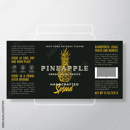 Handcrafted Fruit Spread or Jam Label Template. Abstract Vector Packaging Design Layout. Modern Typography Banner with Hand Drawn Pineapple Silhouette Background.