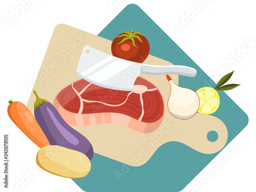 Cooking meat, vegetables food preparation isolated on white, flat vector illustration. Cutting board foodstuff product, kitchen cleaver cut steak potatoes eggplant tomato onion and carrot.