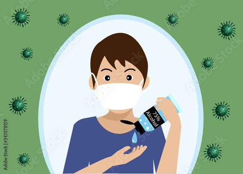 Kid wearing surgical face mask apply hand sanitizer with 75% alcohol gel washing hands to protect COVID-19 corona virus spreading. Idea for COVID-19 corona virus outbreak, quarantine and prevention.