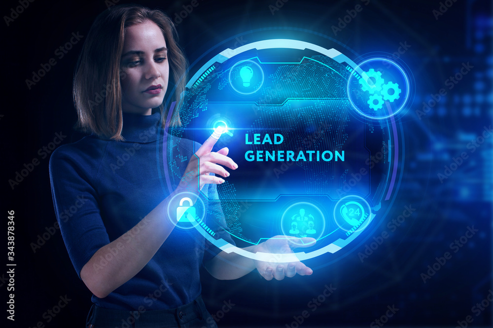 Business, Technology, Internet and network concept. Young businessman working on a virtual screen of the future and sees the inscription: Lead generation Business, Technology, Internet and network concept. Young businessman working on a virtual screen of the future and sees the inscription: Lead generation