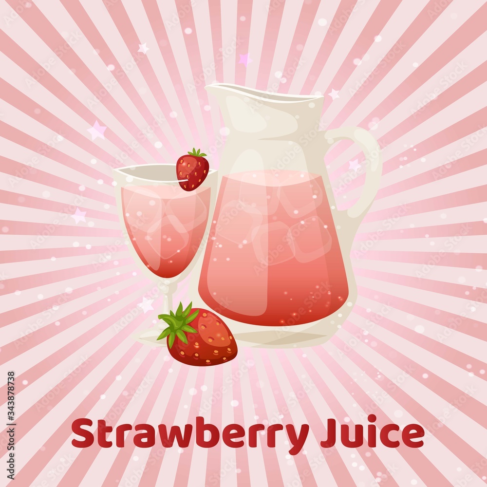 Φωτογραφία Strawberry juice in glass jar with fresh berries on vintage rose vintage background cartoon vector illustration