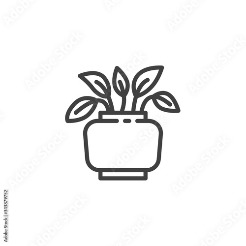 Flower pot with plant line icon. Houseplant linear style sign for mobile concept and web design. Home decor flower pot outline vector icon. Symbol, logo illustration. Vector graphics