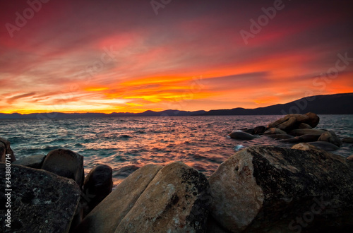 Sunset Over Lake Tahoe and the Rocky Cove at Sand Harbor, Lake Tahoe, Nevada, USA
