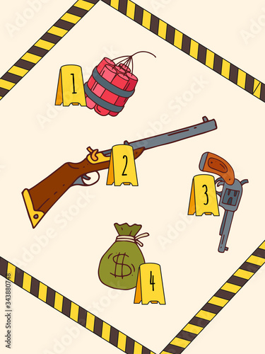 Militia surround crime scene, dangerous item weapon, explosives and money bag flat vector illustration. Police force tape unhooked place offence, design bad fault, evidentiary material gun cash rifle.