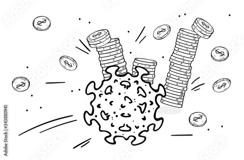 Coronavirus knocks down stacks of coins. Money is scattered. Describes a financial crisis due to a pandemic.