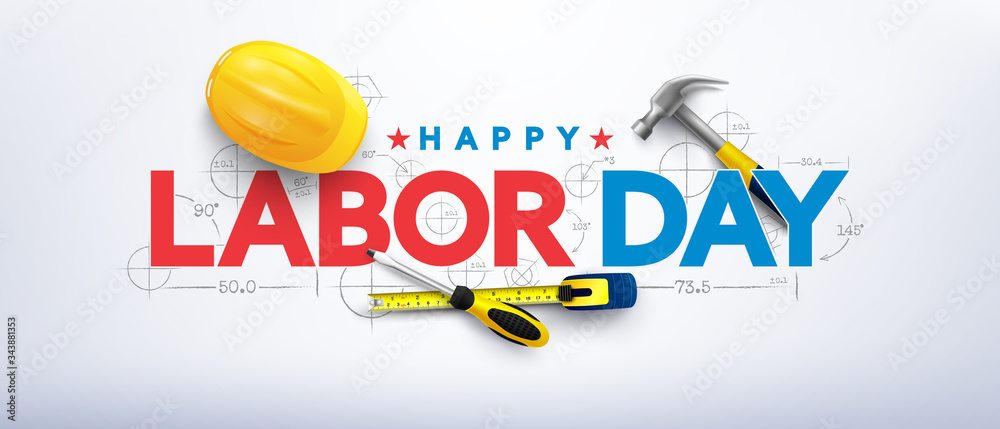 Labor Day poster template.International Workers' Day celebration with Yellow safety hard hat and construction tools.Sale promotion advertising 
 Poster or Banner for Labor Day - obrazy, fototapety, plakaty 