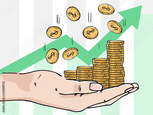 Palm with stacks of coins. Coins are falling down. Depicts profit growth, financial success, increase in cash.