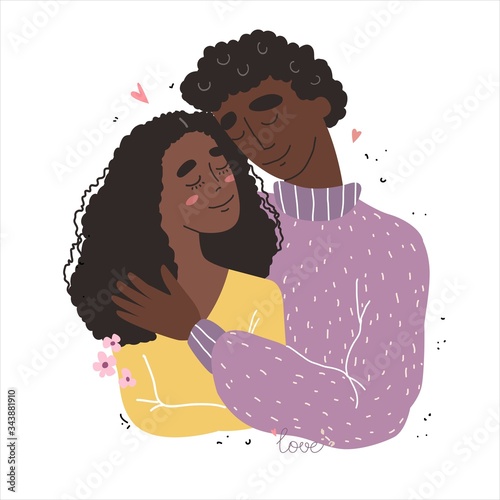 Lovers black african american man and woman hug. Happy family concept.