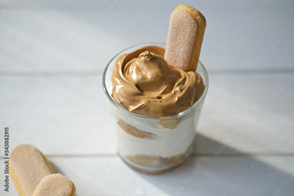 Iced frothy Dalgona Coffee tiramisu, a trendy fluffy creamy whipped