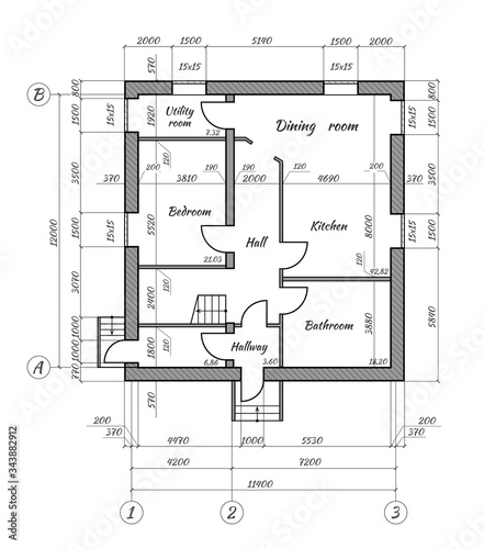 Blueprint suburban house. Interior house. Top view plans. Architecture plan isolated on background. Planning design. Drawing architectural project. Standard unfurnished house. Small apartment. Vector