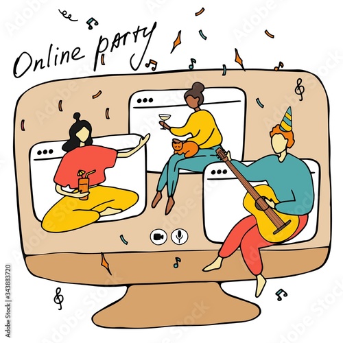 Friends cannot meet offline, they celebrate birthday in network. Video calls, Internet conferences, group online chats. African american and asian girls and european guy. International friendship