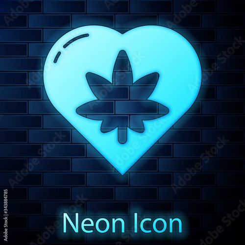 Glowing neon Marijuana leaf in heart shape icon isolated on brick wall background. Hemp symbol.  Vector Illustration