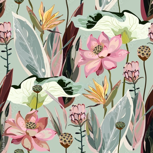 Large flowers, inflorescences, buds and lotus leaves, Strelitzia and Proteus on a light beige, cream background. Vector seamless floral illustration. Square repeating design template for fabric